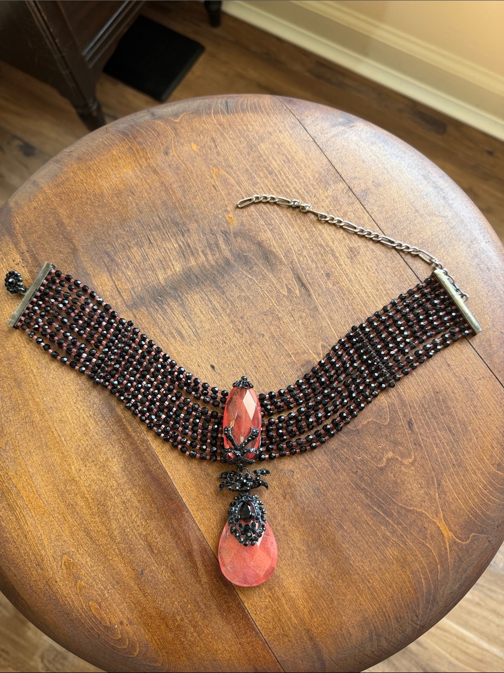 Vintage Gothic Black Beaded Choker Necklace with Gemstone Pendant